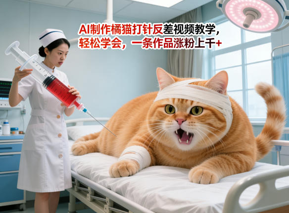 AI制作橘猫打针反差视频教学，轻松学会，一条作品涨粉上千+-亮剑学堂