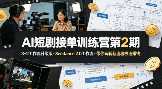 AI短剧接单训练营第2期,3+2工作流升级版,Seedance 2.0工作流,带你玩转新流程极速賺钱-亮剑学堂