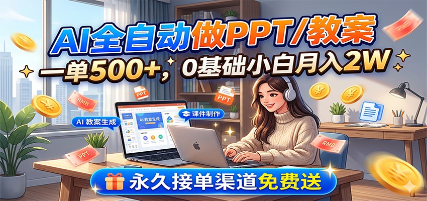 AI全自动做PPT/教案,一单500+,0基础小白月入2W,永久接单渠道免费送-亮剑学堂
