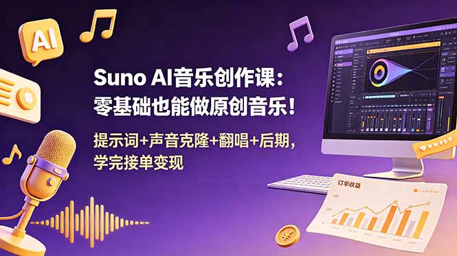 Suno AI音乐创作课:零基础也能做原创音乐!提示词+声音克隆+翻唱+后期,学完接单变现-亮剑学堂