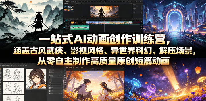 一站式AI动画创作训练营，涵盖古风武侠、影视风格、异世界科幻、解压场景，从零自主制作高质量原创短篇动画-亮剑学堂