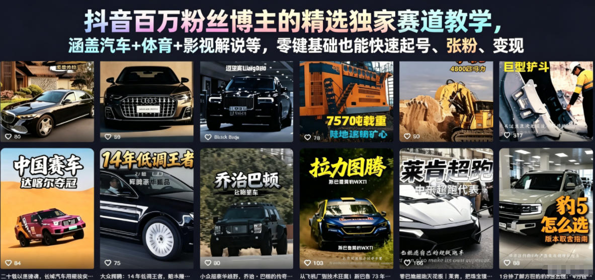 抖音百万粉丝博主的精选独家赛道教学，涵盖汽车+体育+影视解说等，零基础也能快速起号、涨粉、变现-亮剑学堂
