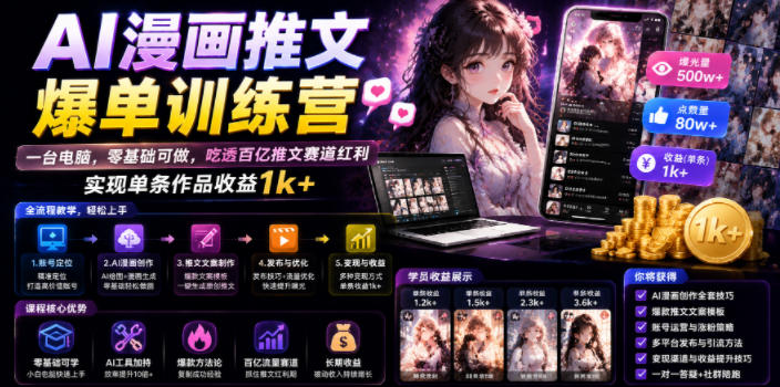 AI漫画推文爆单训练营,一台电脑,零基础可做,吃透百亿推文赛道红利,实现单条作品收益1k+-亮剑学堂