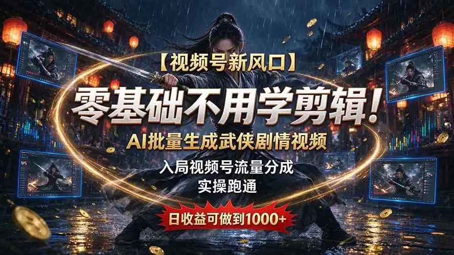 【视频号新风口】零基础不用学剪辑！AI 批量生成武侠剧情视频，入局视频号流量分成，实操跑通，日收益可做到 1000+-亮剑学堂